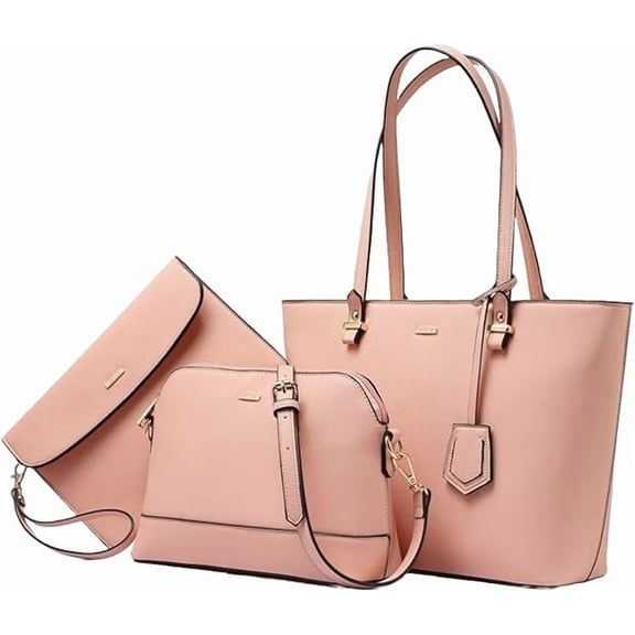 Premium Lux Details 3-Piece Leather Handbag Set for Women – Tote, Crossbody & Wristlet Purse – Elegant Designer Bags for Everyday & Travel Use Color Bikini Pink