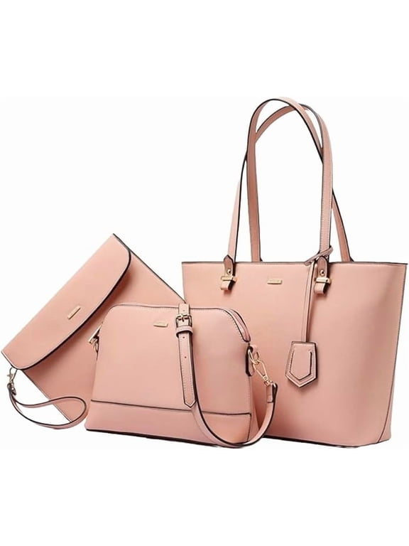 3-Piece Leather Handbag Set for Women – Tote, Crossbody & Wristlet Purse – Elegant Designer Bags for Everyday & Travel Use Color Bikini Pink