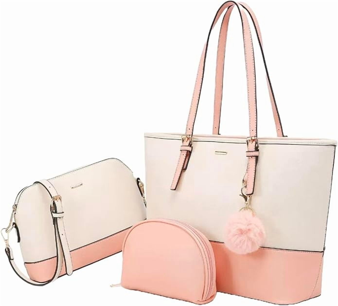Premium Lux Details 3-Piece Leather Handbag Set for Women – Tote, Crossbody & Wristlet Purse – Elegant Designer Bags for Everyday & Travel Use Color Donut Pink