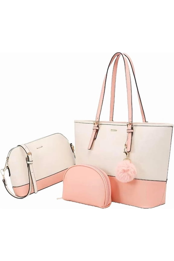 3-Piece Leather Handbag Set for Women – Tote, Crossbody & Wristlet Purse – Elegant Designer Bags for Everyday & Travel Use Color Donut Pink