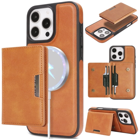 Premium Luxury PU Leather Wallet Case for iPhone 13 Pro Max, Detachable Strong Magnetic Credit Lock Card Slots Kickstand Function Drop Protective Phone Cover for Men Women, Brown