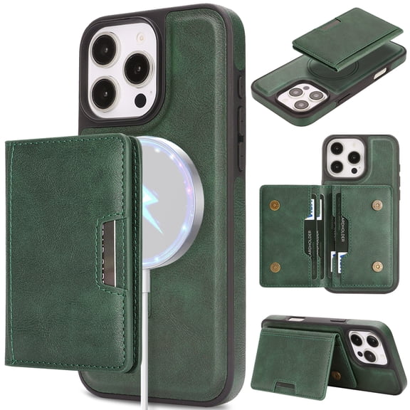 Premium Luxury PU Leather Wallet Case for iPhone 14 Pro Max, Detachable Strong Magnetic Credit Lock Card Slots Kickstand Function Drop Protective Phone Cover for Men Women, Green
