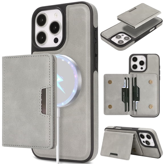 Premium Luxury PU Leather Wallet Case for iPhone 14 Pro Max, Detachable Strong Magnetic Credit Lock Card Slots Kickstand Function Drop Protective Phone Cover for Men Women, Gray