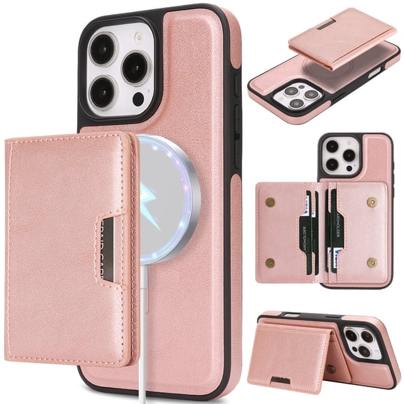 Premium Luxury PU Leather Wallet Case for iPhone 16 Pro Max, Detachable Strong Magnetic Credit Lock Card Slots Kickstand Function Drop Protective Phone Cover for Men Women, Rosegold