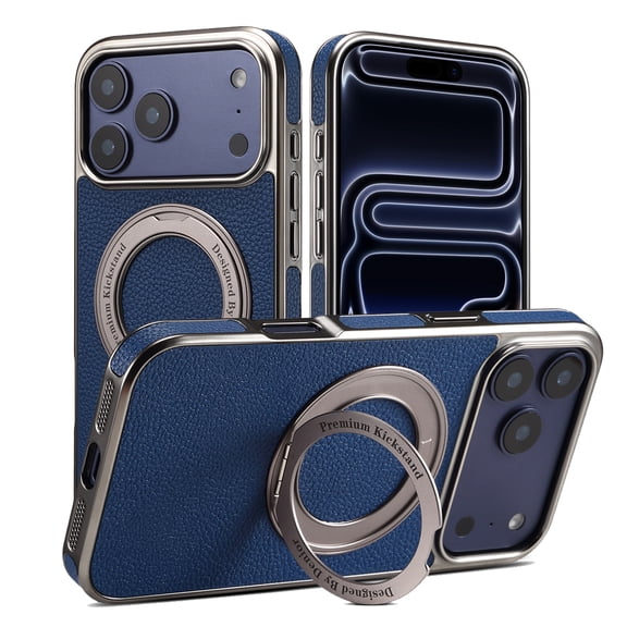 Premium Lychee Texture PU Leather Magnetic Case for iPhone 16 Pro, Ultra Slim Protective Shock-Absorbent Cover with Invisible 360° Rotating Ring Stand, Wireless Charging Compatible, Blue