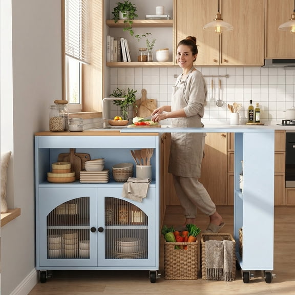 Premium MDF and Particle Board Kitchen Island with Extended Table, LED Light, and 3 Open Shelves for Practical Storage