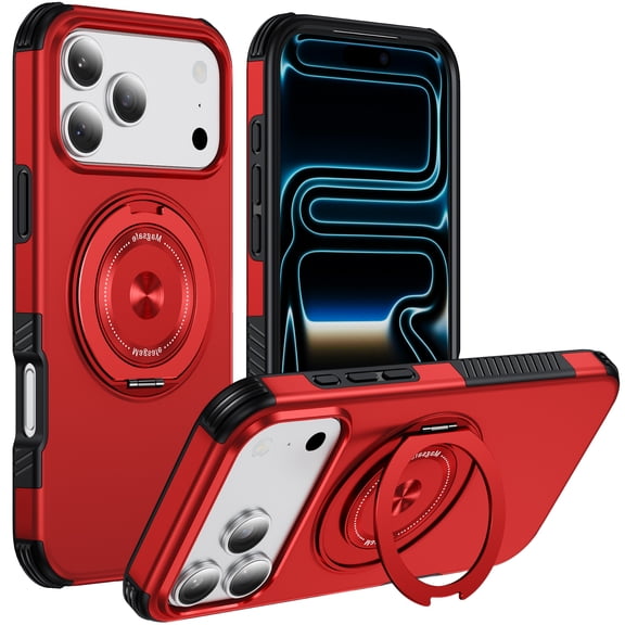 Premium Magnetic Case for iPhone 17, Luxury Slim Hybrid TPU + PC Shockproof Cover with Rotating Metal Ring Stand Elegant Protective Phone Case for iPhone 17, Red