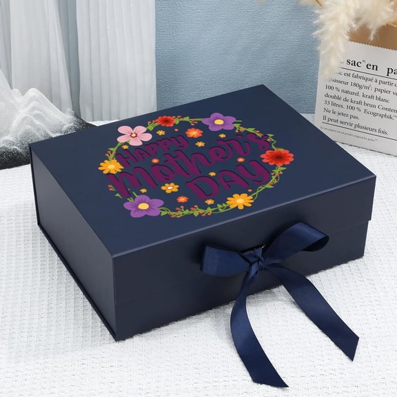 Premium Magnetic Gift Box with Printed Surface, 11.4×8.6×4.1 Inch Large & 8.6×6.3×3.3 Inch Small, Black, White, Pink, Gold, Navy Blue Reusable Paper Box for Mother's Day Surprise Gifts