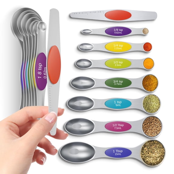 Premium Magnetic Measuring Spoons for Spice Jars & Liquids, N52 Magnets Stainless Steel Set, 7-Piece with Leveler, Baking & Cooking Tools, Dishwasher Safe, Colorful