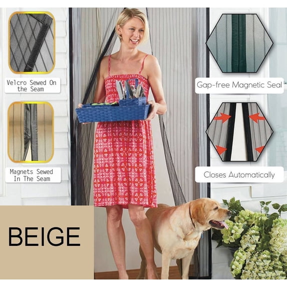 Premium Magnetic Mesh Screen Door - Heavy-Duty Nylon Breathable Mesh w/ Strong Magnets, Removable, Self-Closing Walk-Through Screen for Patio, Sliding Glass & French Doors (Regular Size,Beige)