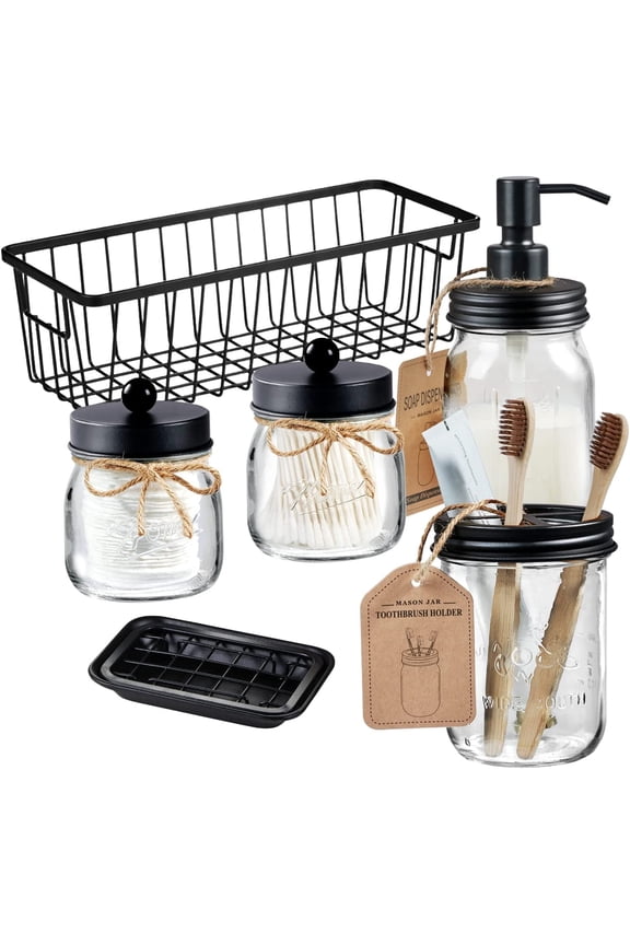 Premium Mason Jar Bathroom Accessories Set (6PCS) - Lotion Soap Dispenser,Toothbrush Holder,2 Apothecary Jars(Qtip Holder), Soap Holder,Storage Organizer Basket - Rustic Farmhouse Decor (Black)