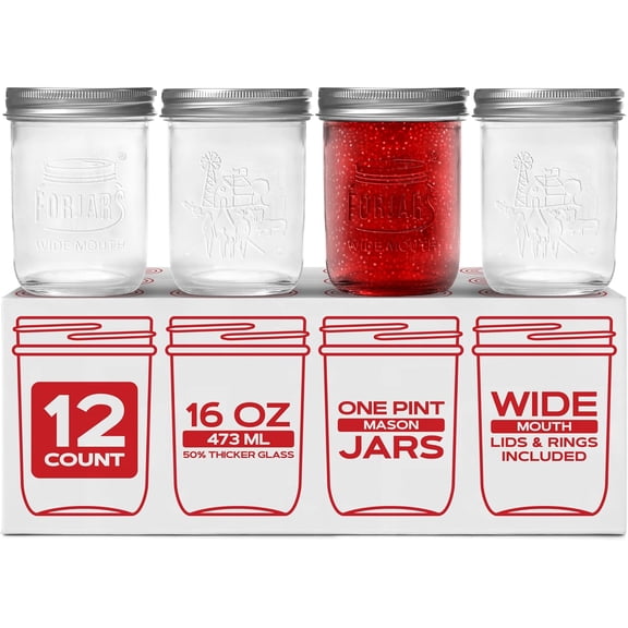 Premium Mason Jars with Lids  16oz | Wide Mouth 12-Pack Glass for Jam, Jelly, Pickling, Food Storage, Freezer Safe, Airtight Bulk Set