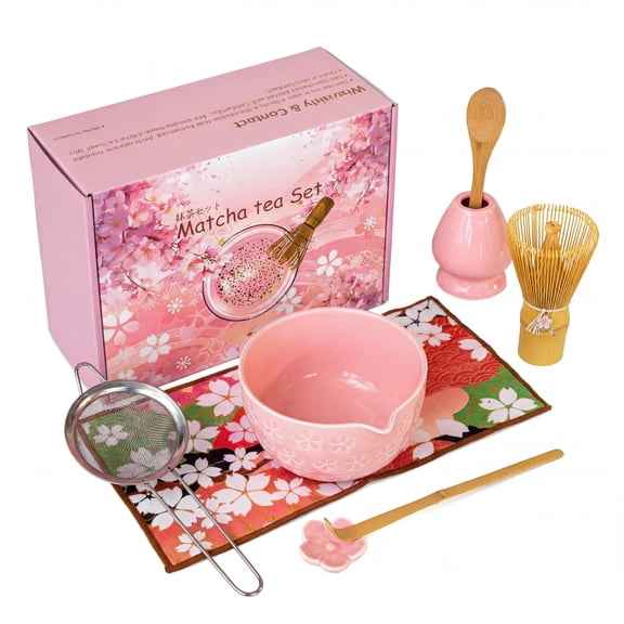 Premium Matcha Whisk Set. 8-Piece Complete Japanese Matcha Kit with Ceramic Bowl.  Whisk. Scoop. Sifter. Holder and Tea Towel. Matcha Tea Set for Beginners & Matcha Enthusiasts.Pink