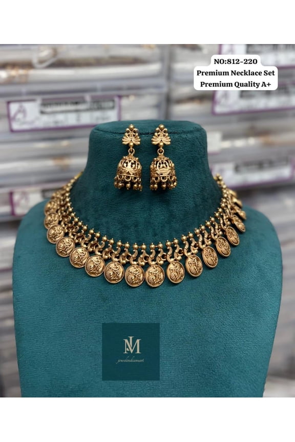Premium Matte Finish Coin Necklace Set with Jhumka Earrings Gold Women Temple Set: South Indian Style Women Necklace and Earrings Ethic