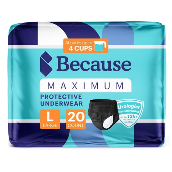 Because Premium Maximum Absorbency Adult Incontinence and Postpartum Bladder Leak Underwear for Women, Heavy Absorbency, Disposable, Black, Large, 20 Count