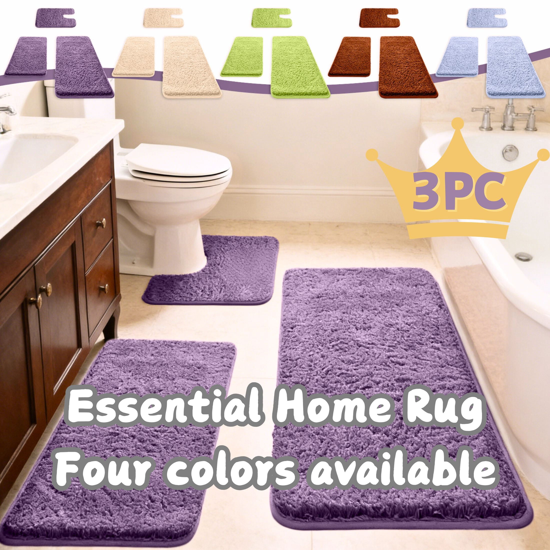 Premium Memory Foam Bathroom Rug Set 3-Piece | Non-Slip Bath Mat, Water ...