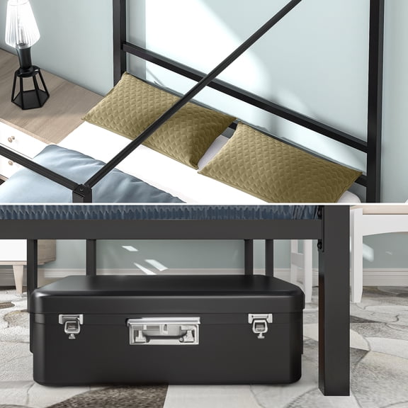 Premium Metal Canopy Bed Frame - 14 Inch Sturdy Four Posters Platform with Built-in Headboard, Queen Size, Black