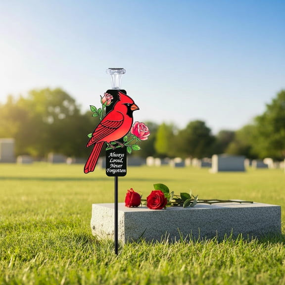 Premium Metal Cardinal Cemetery Marker, Solar Powered LED Grave Stake, Red Cardinal Figurine Outdoor Decor for Remembrance & Sympathy Gifting