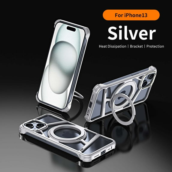Premium Metal Frameless Bumper Case Compatible with iPhone 13,Cool Design Luxury Metal Shockproof Anti-fall Anti-Scratch Slim Borderless Case with Kickstand Magnetic Holder,Silver