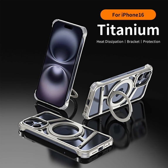 Premium Metal Frameless Bumper Case Compatible with iPhone 16,Cool Design Luxury Metal Shockproof Anti-fall Anti-Scratch Slim Borderless Case with Kickstand Magnetic Holder,Titanium