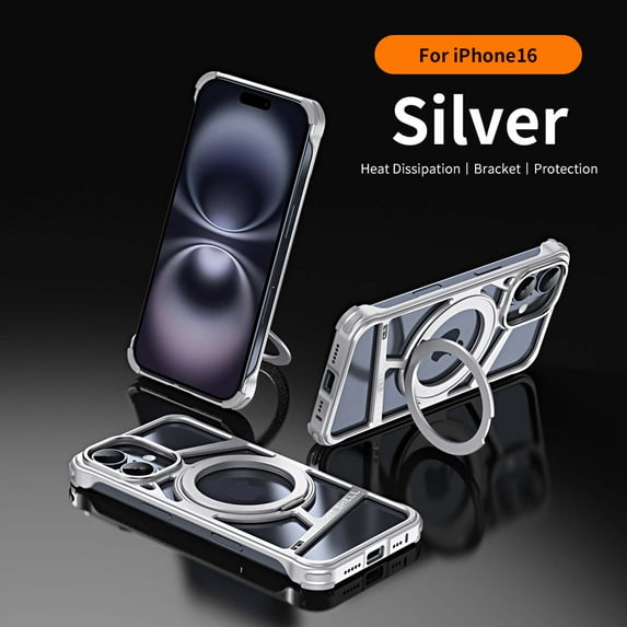 Premium Metal Frameless Bumper Case Compatible with iPhone 16,Cool Design Luxury Metal Shockproof Anti-fall Anti-Scratch Slim Borderless Case with Kickstand Magnetic Holder,Silver