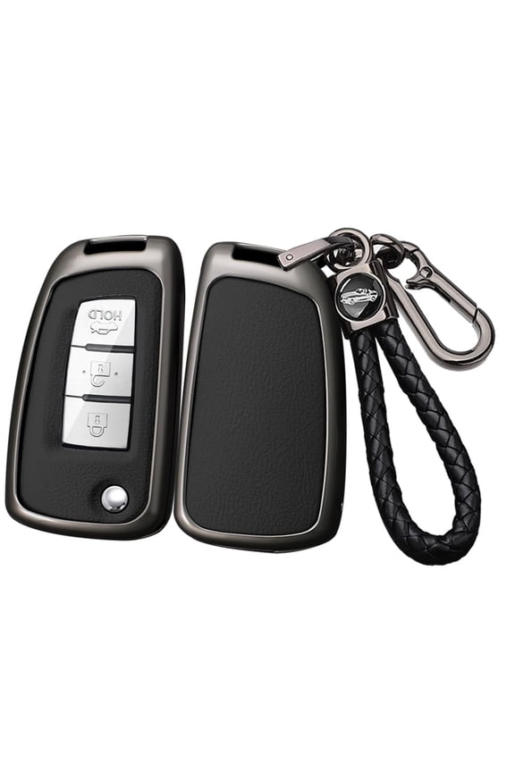 Premium Metal and Leather Protective Flip Key Fob Cover with Keychain Compatible with Select Nissan Rogue S Rogue Select Rogue Sport Sylphy Pulsar Sentra and Infiniti Keyless Entry Remote Keys