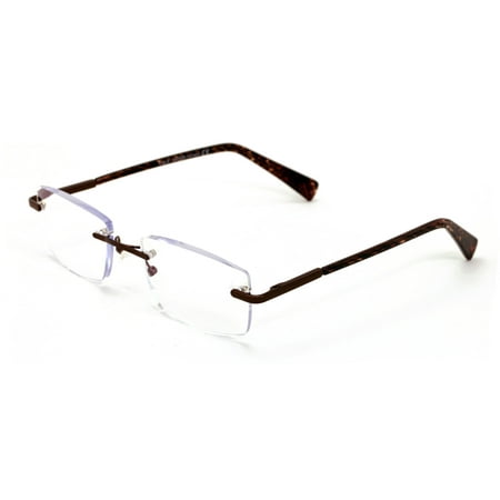 Premium Metal Rimless Modern Rectangular Anti-Blue Blocker Reading Glasses - UV Protection Clear Lens Reader Carbon Temple Print +2.50