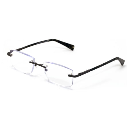Premium Metal Rimless Modern Rectangular Anti-Blue Blocker Reading Glasses - UV Protection Clear Lens Reader Carbon Temple Print +3.50