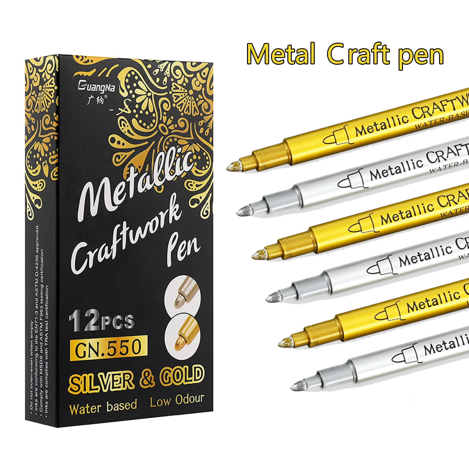 Guangna Metallic Marker Pens,12 Assorted Colors Fine Tip Metallic Marker Painting Pens for Scrapbook DIY Photo Album,Rock Painting, Glass, Cardstock