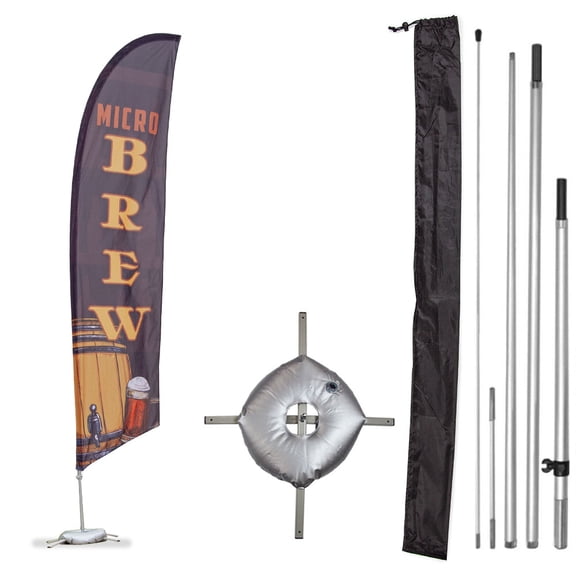 Premium Microbrew Feather Flag Kit - Includes 13ft Sectional Aviation Grade Fiberglass Poles, Microbrew Flag, Cross Base, Weight Bag and Pole Sleeve Bag