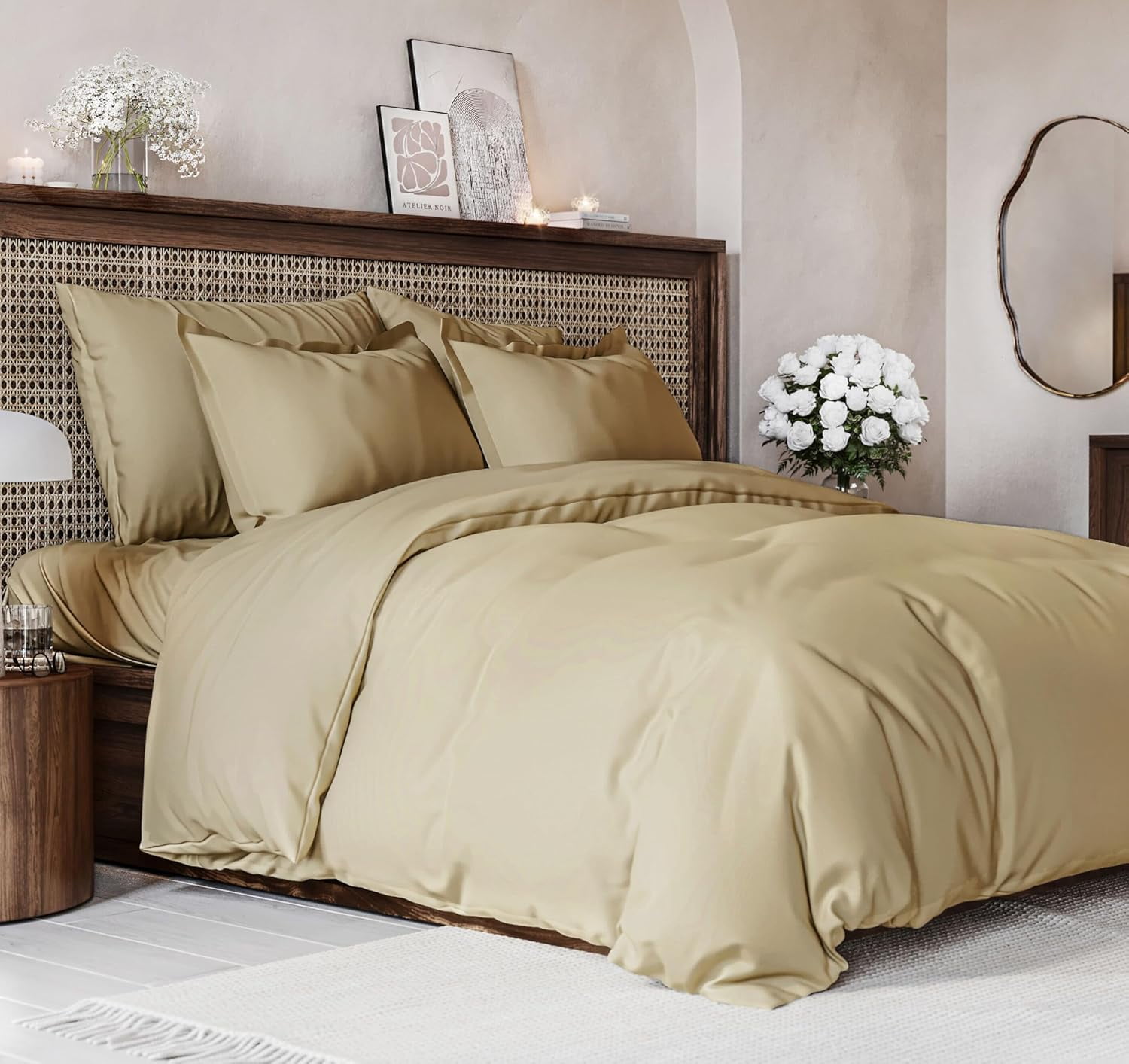 CGK Linens 3-Piece Premium Duvet Cover Set - Queen Size Soft Comforter Cover With Zipper & Matching Pillowcases, Beige