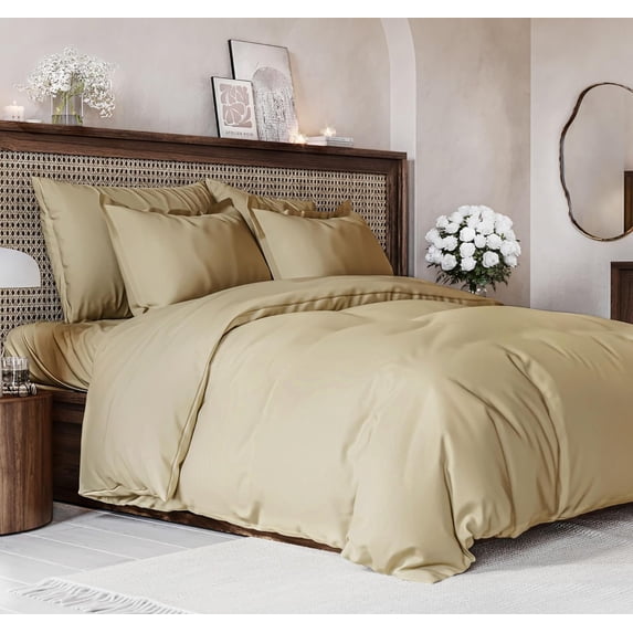 CGK Linens 3-Piece Premium Duvet Cover Set - Queen Size Soft Comforter Cover With Zipper & Matching Pillowcases, Beige