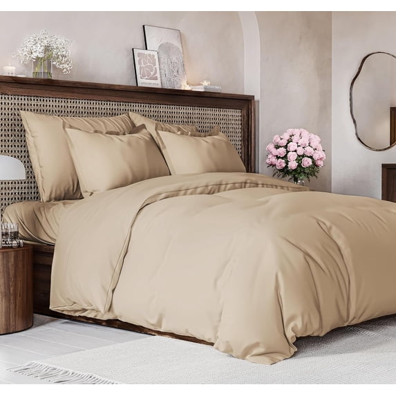 CGK Linens 3-Piece Premium Duvet Cover Set - Queen Size Soft Comforter Cover With Zipper & Matching Pillowcases, Cream
