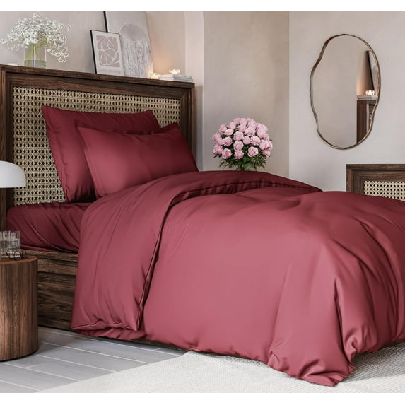 CGK Linens 2-Piece Premium Duvet Cover Set - Twin Size Soft Comforter Cover With Zipper & Matching Pillowcases, Burgundy