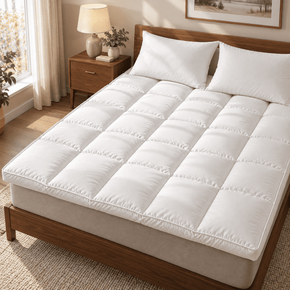 DOWNFORT 2" Thick Mattress Topper Queen, Pillow Top & 8-21" Deep Corner Straps, Machine Washable