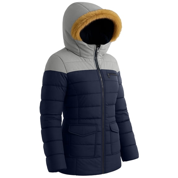 Premium Midweight Puffer Jacket Women Light Gray & Navy Blue Insulated Winter-M