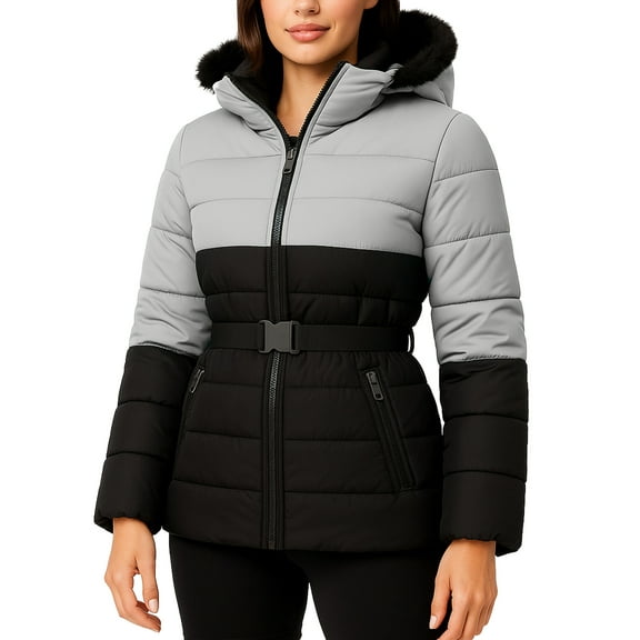Premium Midweight Women Puffer Jacket Insulated Winter Black & L.gray Jackets-XL