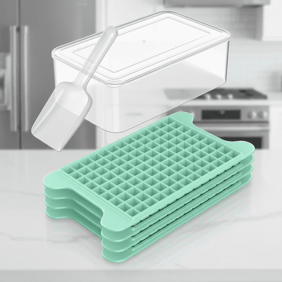 Premium Mini Ice Cube Tray Set with Storage Container - 4-Pack Easy Release Silicone Trays for Perfect Nugget & Crushed Ice, Freezer Safe with Durable Bin