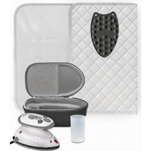 Premium Mini Steam Iron Bundle with Hard Shell Travel Case Silicone Rest and Ironing Mat Black