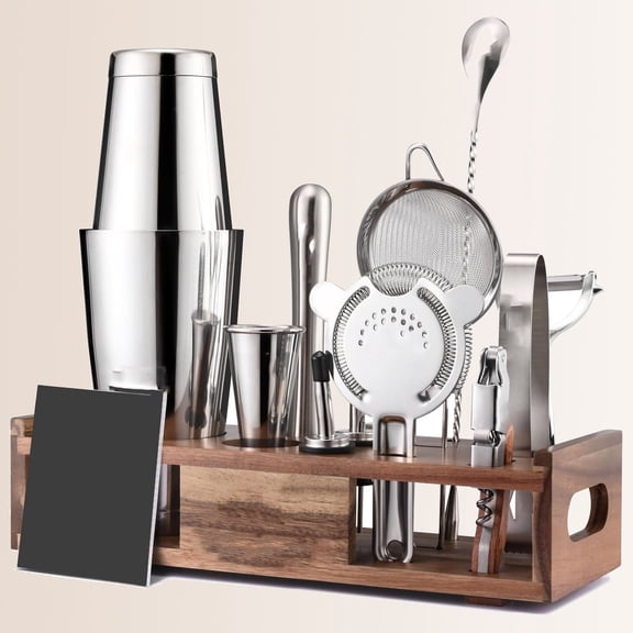 Premium Mixology Bartender Kit Stainless Steel Cocktail Shaker Set with Wooden Stand | Professional Boston Shaker Bar Tool Set for Home & Expert Mixologists | Luxury Cocktail Making Gift