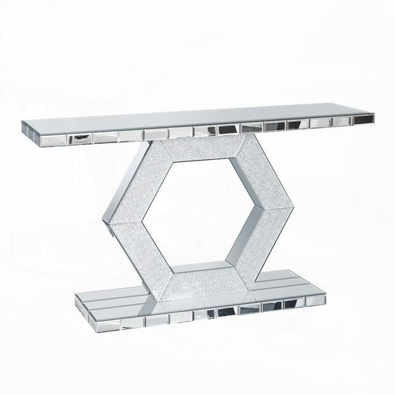 Premium Modern Hexagon Mirror Table|Diamond Sparkle & Dual-Tier Design