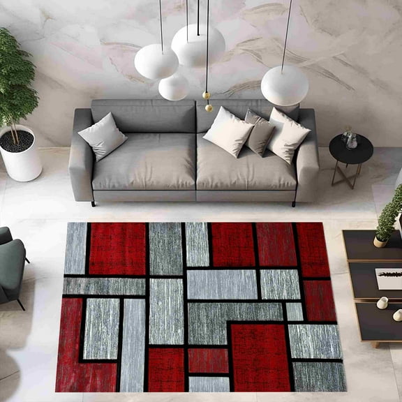 Premium Hand Carved Abstract Modern Rug Contemporary Colorful Thick Carpet Design 3995 (5'2"x7'5",Red)