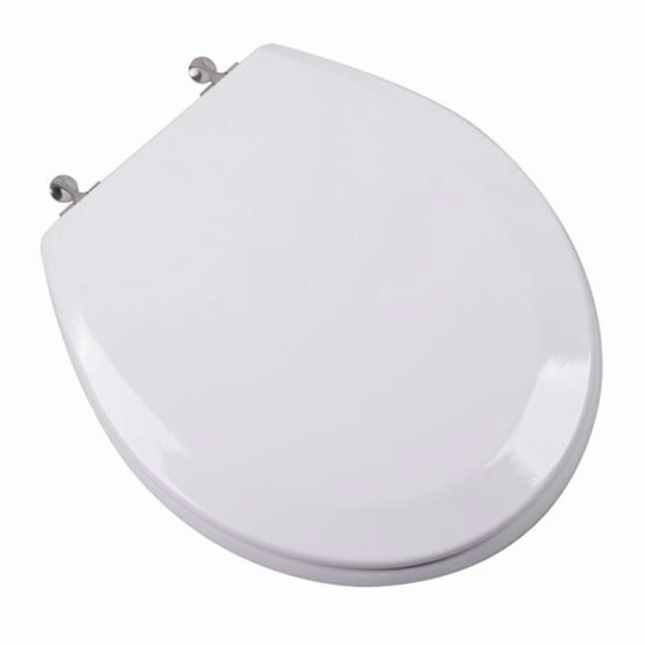 Premium Molded Round Front Wood Toilet Seat with Brushed Nickel Metal Hinges, White