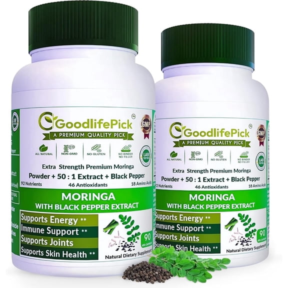 Moringa Capsules with Black Pepper. Powerful 12700 MG for Max Benefits (PACK OF 2) All Natural Non-GMO, Gluten Free
