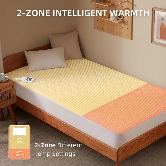 Premium Multi-Zone Electric Heated Mattress Pad Twin Size, 39x75, 9 Heat Settings, Auto Off, Removable Layer