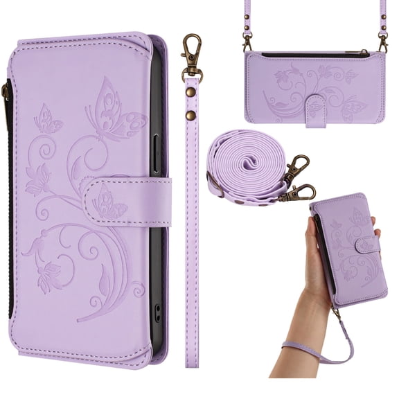 Premium Multifunctional Embossed Wallet Case for Samsung Galaxy S24, with Crossbody & Wrist Strap, Card / Cash / Zipper Pockets, Magnetic Clasp Kickstand Stylish PU Leather Cover, Purple
