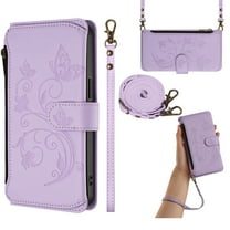 Premium Multifunctional Embossed Wallet Case for Samsung Galaxy S24, with Crossbody & Wrist Strap, Card / Cash / Zipper Pockets, Magnetic Clasp Kickstand Stylish PU Leather Cover, Purple