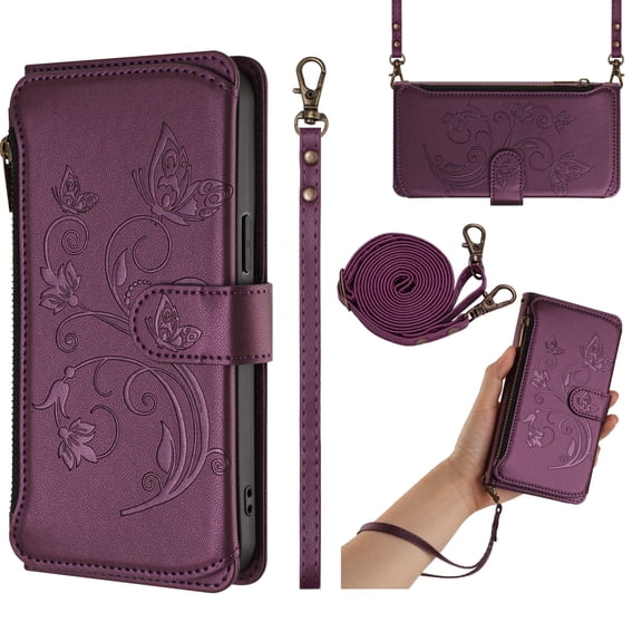 Premium Multifunctional Embossed Wallet Case for iPhone 11 Pro Max, with Crossbody & Wrist Strap, Card / Cash / Zipper Pockets, Magnetic Clasp Kickstand Stylish PU Leather Cover, Darkpurple