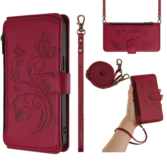 Premium Multifunctional Embossed Wallet Case for iPhone 11 Pro Max, with Crossbody & Wrist Strap, Card / Cash / Zipper Pockets, Magnetic Clasp Kickstand Stylish PU Leather Cover, Red