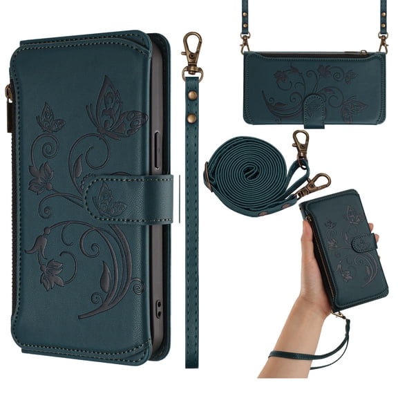 Premium Multifunctional Embossed Wallet Case for iPhone 15 Plus, with Crossbody & Wrist Strap, Card / Cash / Zipper Pockets, Magnetic Clasp Kickstand Stylish  PU Leather Cover, Darkblue